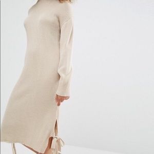Beige Sweater Dress with side tie details